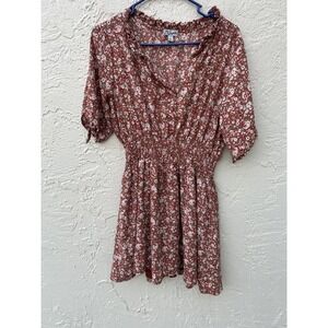 Self Justify Floral Mini Dress Rust Brown Smocked Waist Ruffle Neck Large